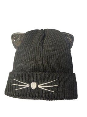 Knit Cat Ear Beanie Hat With Faux Fur Lining